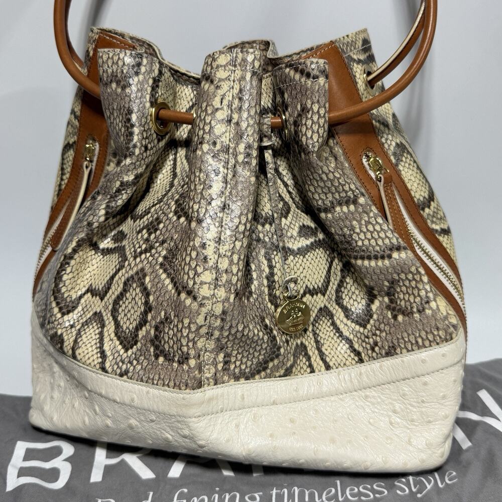 Brahmin Trina Anaconda Drawstring Bucket Bag Snake Gray White EUC